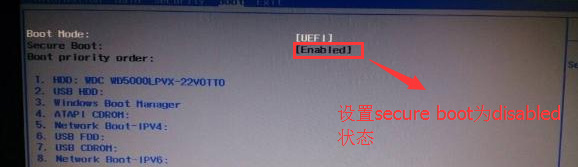 設置 Secure boot 為 disabled 狀態