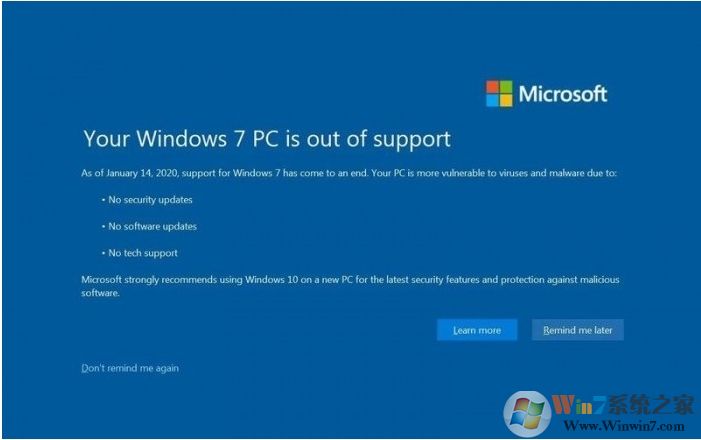 Win7結(jié)束支持后催促升級Win10全屏警告圖片曝光！有點像藍屏