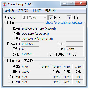 Core Temp(CPU數字溫度傳感器) V1.14 中文版